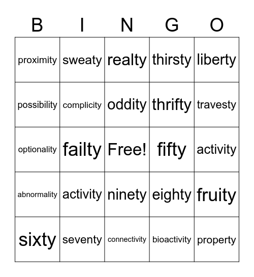 ity, ty Bingo Card