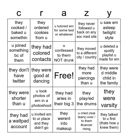 alex's crushes... Bingo Card