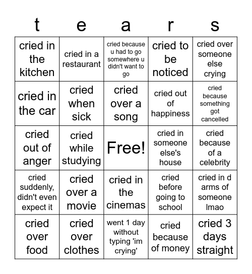 tears Bingo Card