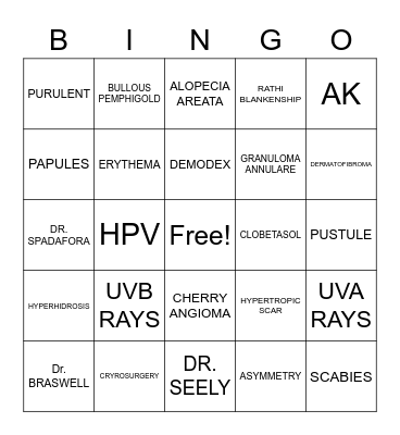 DERMATOLOGY 101 Bingo Card