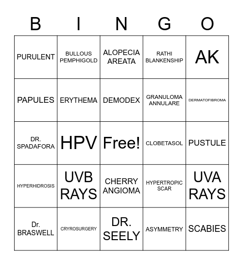 DERMATOLOGY 101 Bingo Card