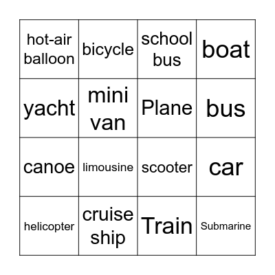 means of transportation Bingo Card