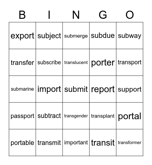 port, trans, sub Bingo Card