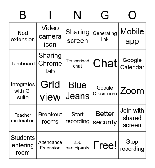 Reddam House Google Meet Training Bingo Card