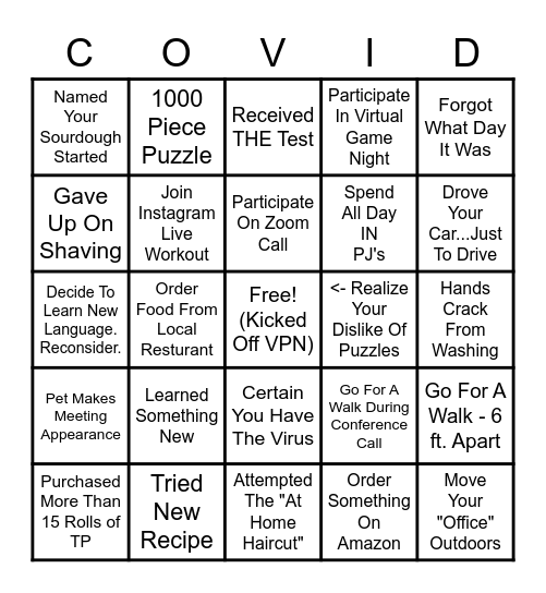 Quarantine Bingo Card