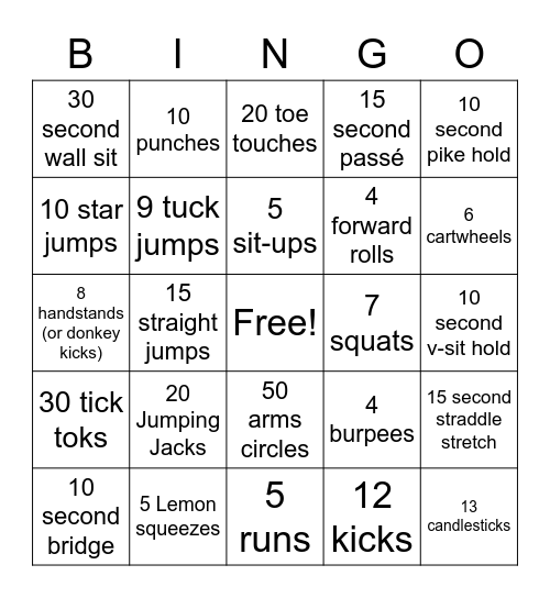 ATB GYMNASTICS Bingo Card