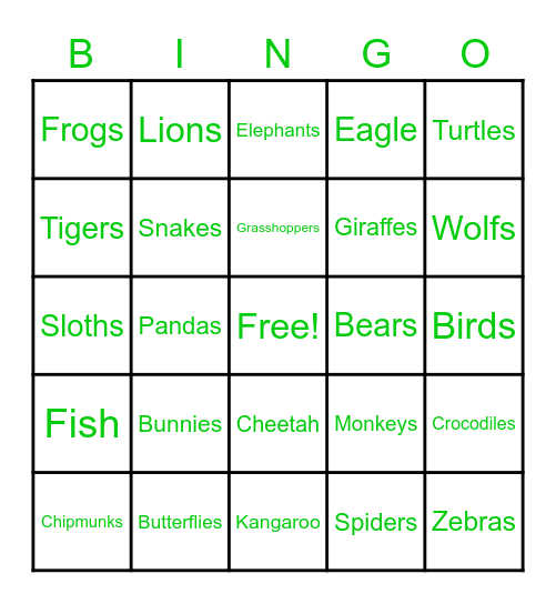 ANIMAL BINGO Card