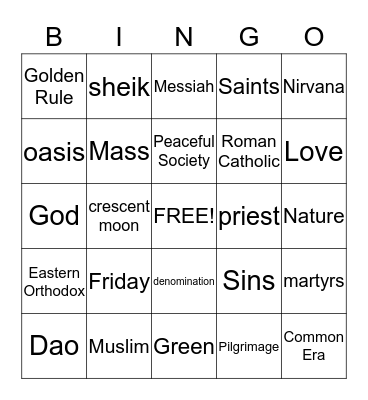 Religion Bingo Card