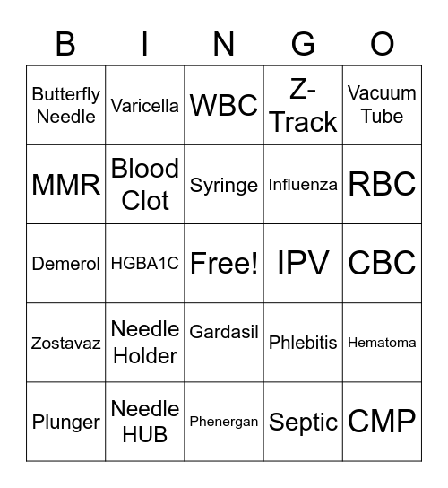 Blood draw and Injections Bingo Card