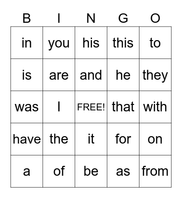 Sight Words Bingo Card