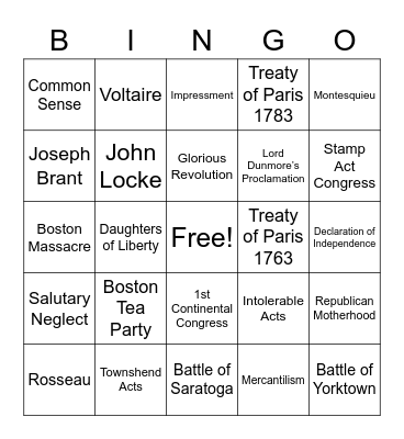 1700's History Bingo Card