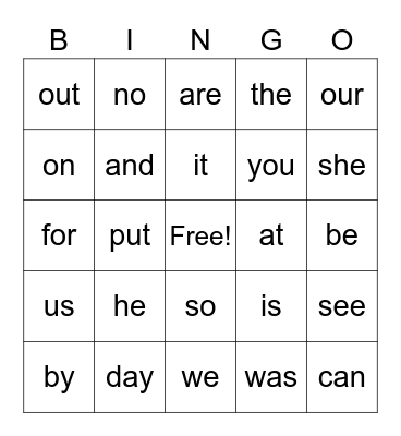 Sight Words 1 Bingo Card
