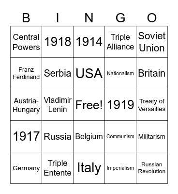 World War 1 Bingo Card