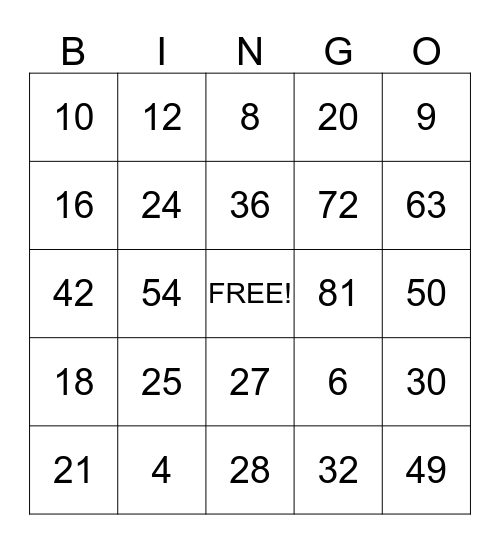 Multiplication Bingo Card