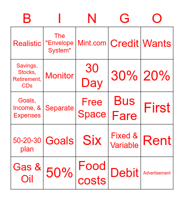 Financial Literacy Bingo Card