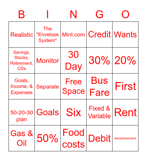 Financial Literacy Bingo Card