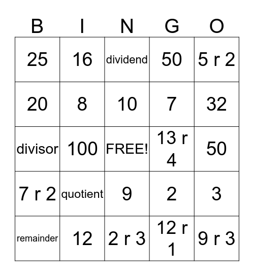 Division Bingo Card