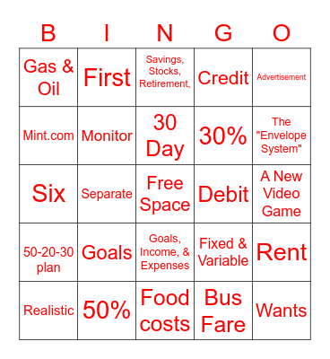 Financial Literacy Bingo Card