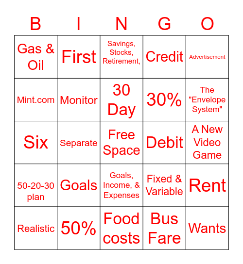 Financial Literacy Bingo Card