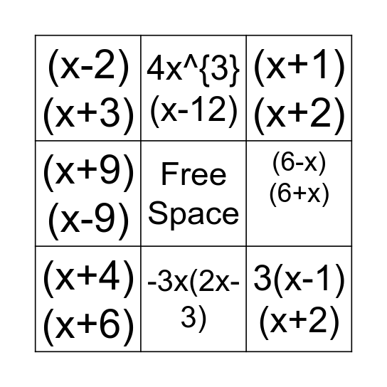 Factoring Bingo Card