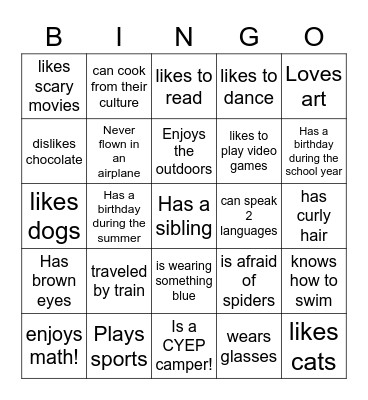 Getting to know you Bingo Card