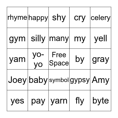 The Sounds that the Letter Y makes Bingo Card