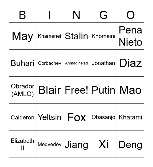 Leaders of the World Bingo Card