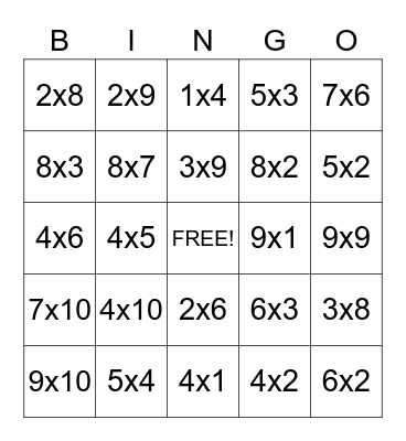 Multiplication Bingo Card