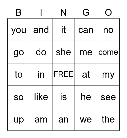 Sight Words Bingo Card