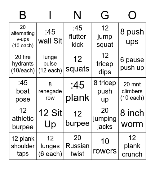 Zoom Fit Bingo 6.29.20 Bingo Card