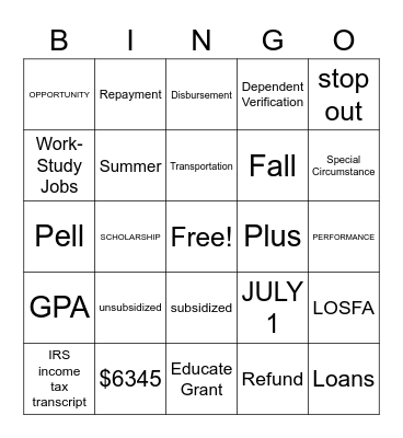 Financial Aid Bingo Card