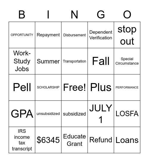 Financial Aid Bingo Card