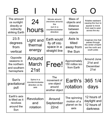 Earth and Sun Interactions Bingo Card