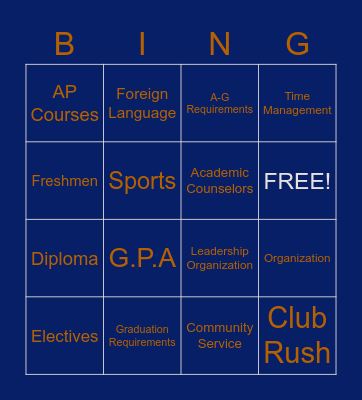 Incoming High School Freshmen! Bingo Card