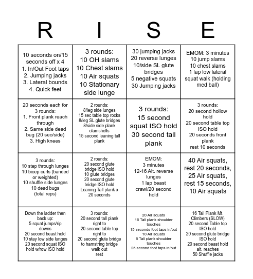 RISE Bingo Card