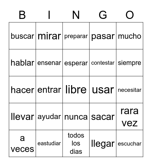 Spanish Words Bingo Card