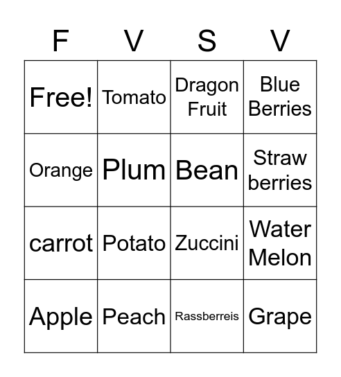 Fruit's vs Veggie's Bingo Card