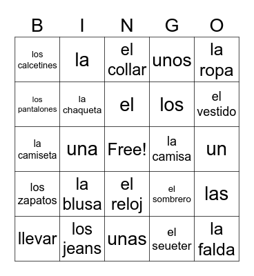 Spanish Words Bingo Card