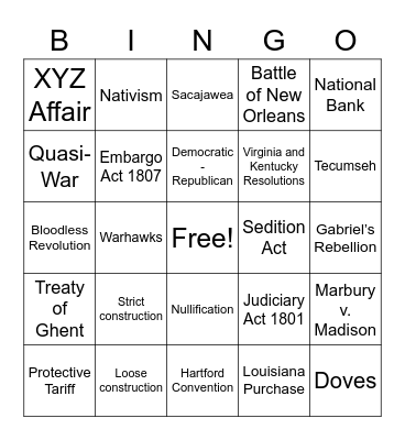 1800s US History Bingo Card