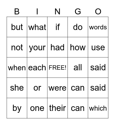 Sight Words Bingo Card