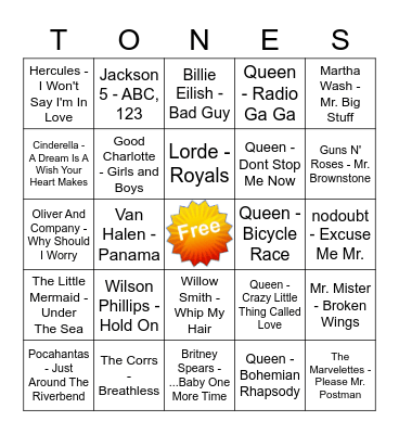 Game Of Tones 6/29/20 Game 5 Bingo Card