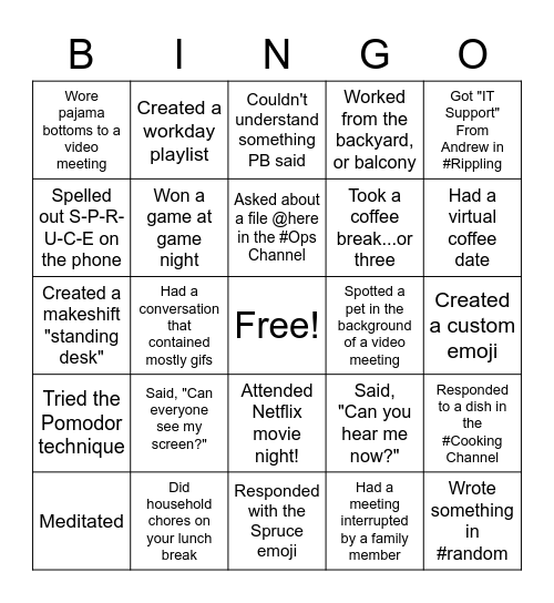 Spruce Remote Work Bingo Card