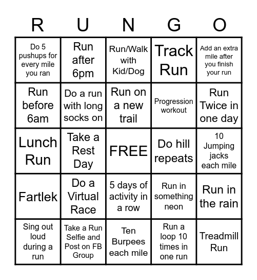 Summer Running Bingo Card