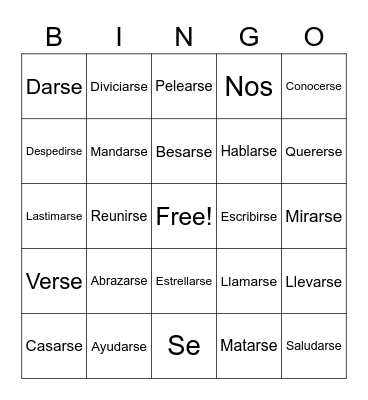 Spanish Words Bingo Card