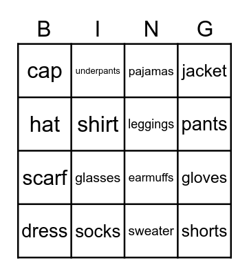 Clothes BINGO! Bingo Card