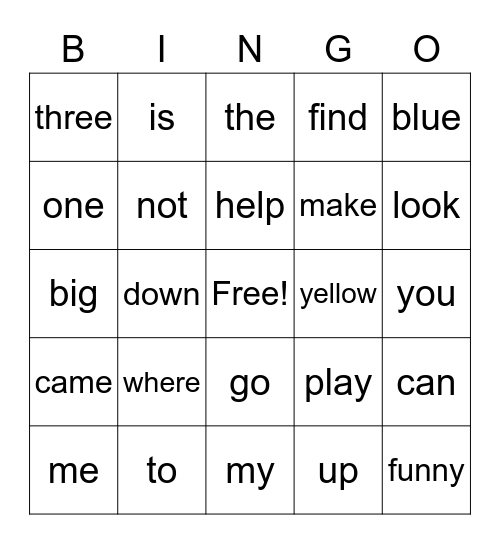 Primary Sight Word Bingo Card