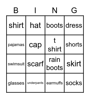 Clothes BINGO! Bingo Card