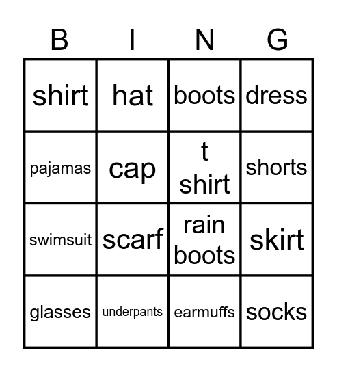 Clothes BINGO! Bingo Card