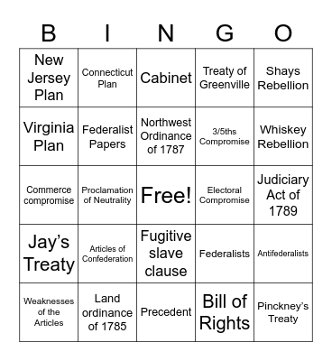 1700's US History Bingo Card