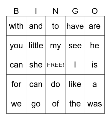 Sight Words Bingo Card